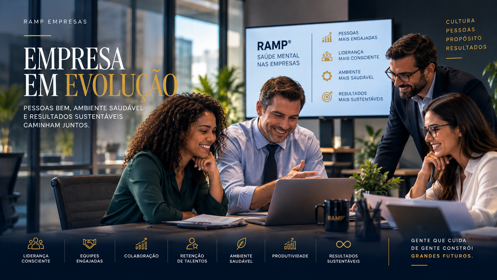 Equipe colaborando em um ambiente saudável, com liderança consciente e resultados sustentáveis