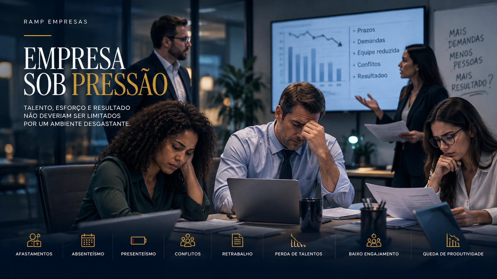 Equipe corporativa sob pressão: sobrecarga, conflitos e queda de produtividade